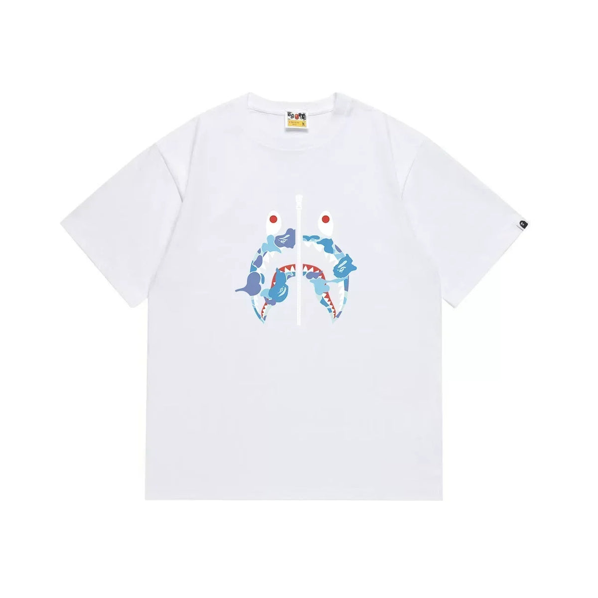 BAPE Style Camo Shark Full-Zip Motif Short-Sleeve Tee - White/Blue